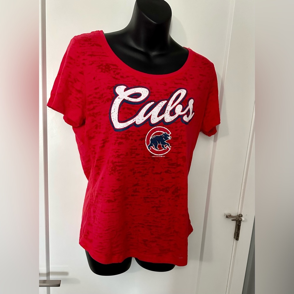 Large CHICAGO CUBS Baseball Distressed Logo Burnout Material T-Shirt L Women's